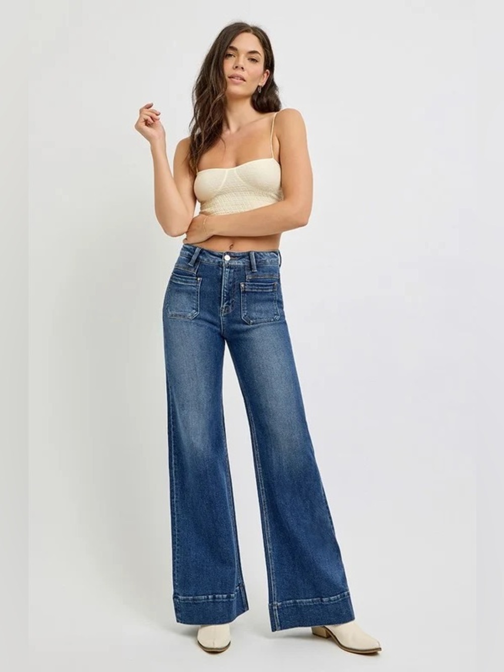 NWT Risen High Rise Wide Leg Flare Jeans Patch Pocket Medium Wash 9/29